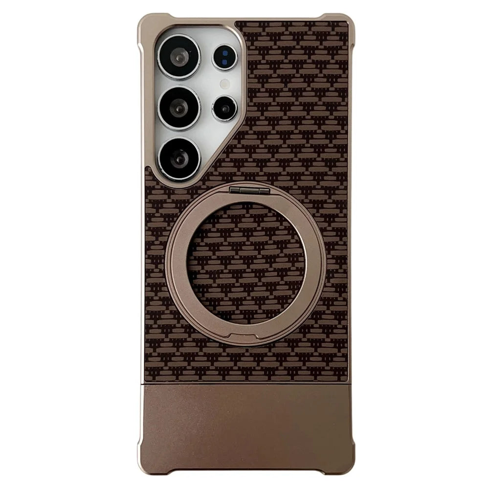 For Samsung Galaxy S25 Ultra Magnetic Case Kickstand Metal Carbon Fiber Pull-Out Design Phone Cover - Gold - 1