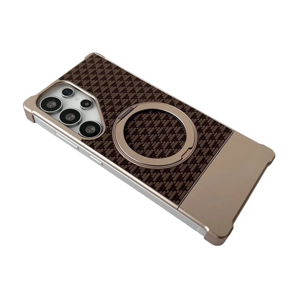 For Samsung Galaxy S25 Ultra Magnetic Case Kickstand Metal Carbon Fiber Pull-Out Design Phone Cover - Gold - 3