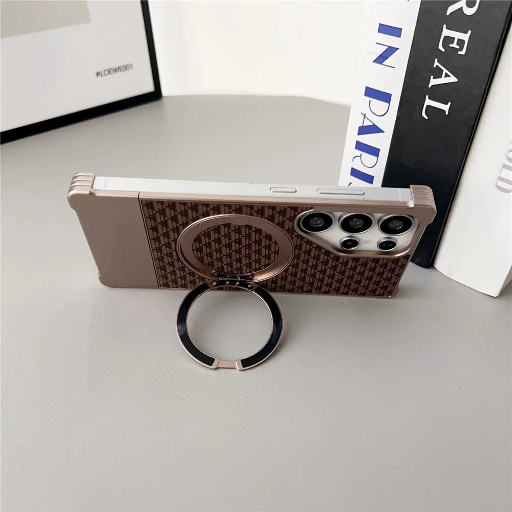 For Samsung Galaxy S25 Ultra Magnetic Case Kickstand Metal Carbon Fiber Pull-Out Design Phone Cover - Gold - 5