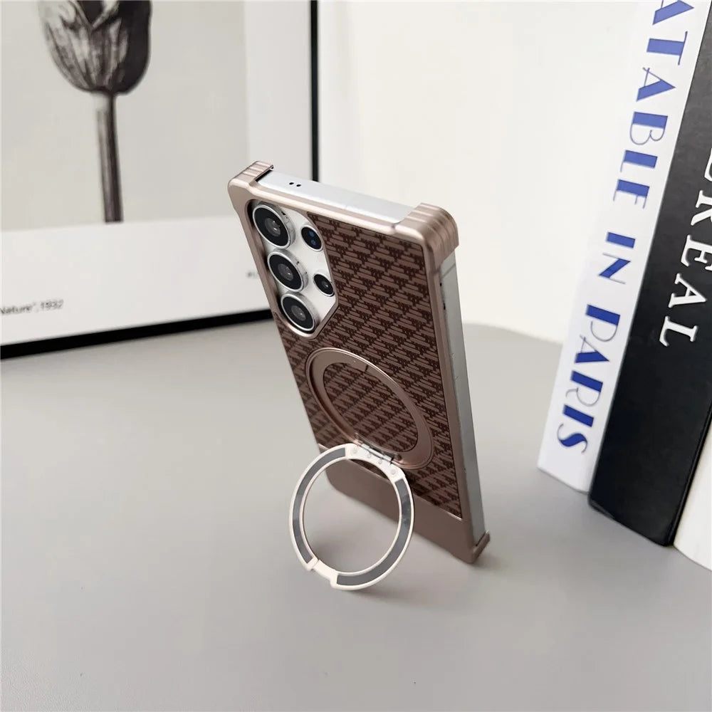 For Samsung Galaxy S25 Ultra Magnetic Case Kickstand Metal Carbon Fiber Pull-Out Design Phone Cover - Gold - 6