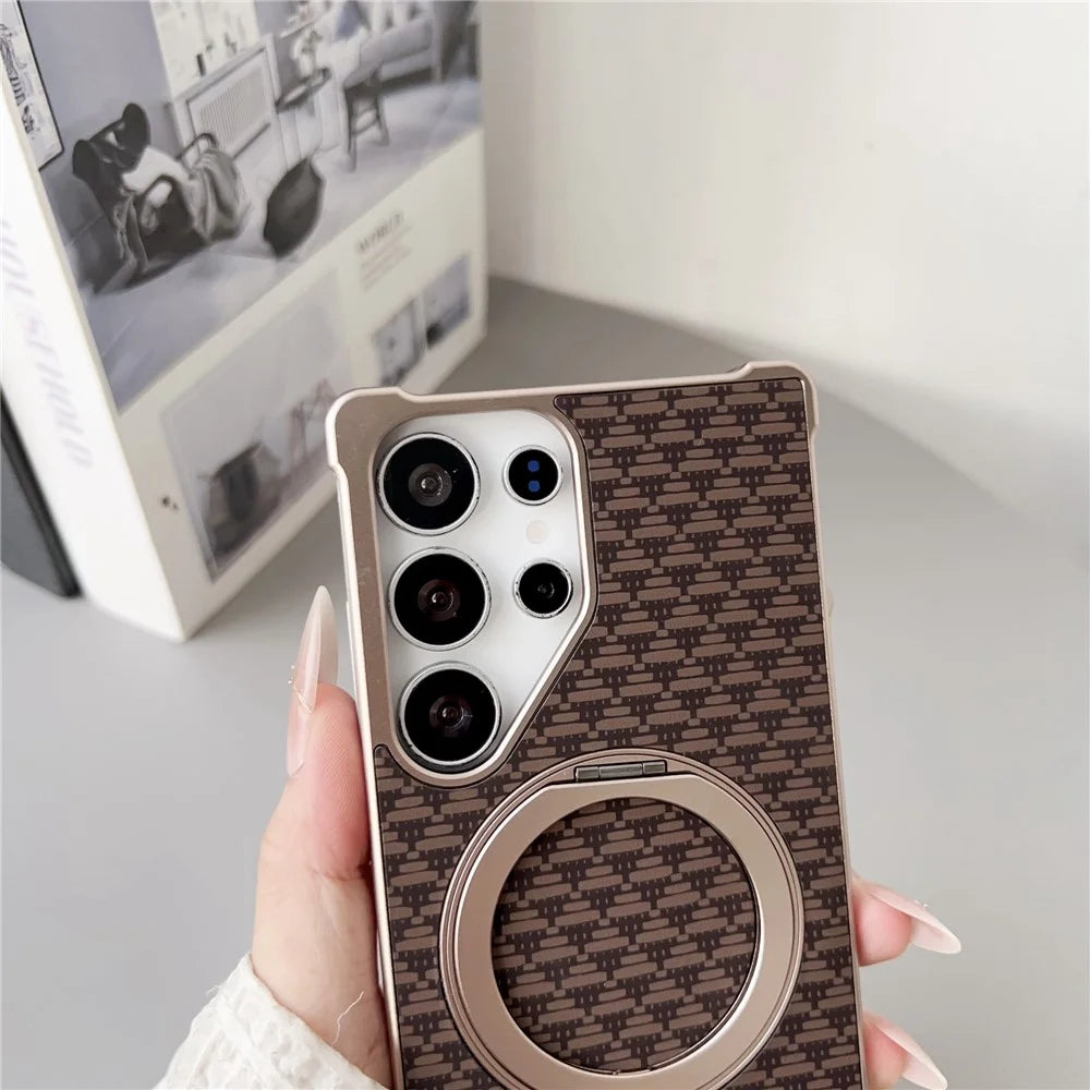 For Samsung Galaxy S25 Ultra Magnetic Case Kickstand Metal Carbon Fiber Pull-Out Design Phone Cover - Gold - 7