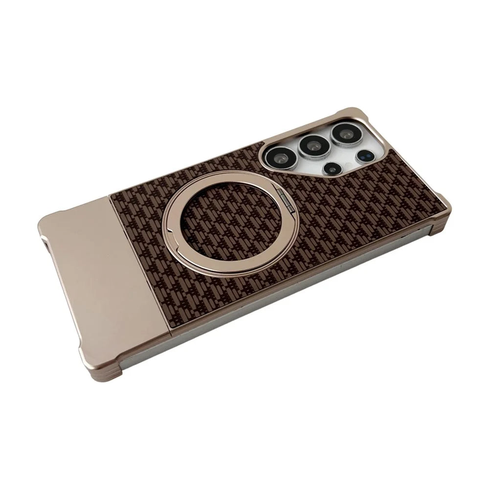 For Samsung Galaxy S24 Ultra Magnetic Case Kickstand Metal Carbon Fiber Pull-Out Design Phone Cover - Gold - 2