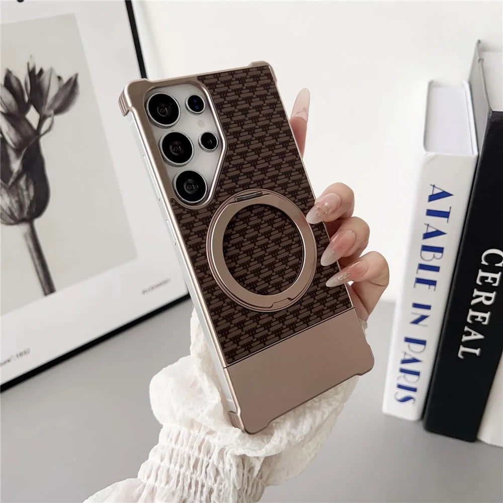 For Samsung Galaxy S24 Ultra Magnetic Case Kickstand Metal Carbon Fiber Pull-Out Design Phone Cover - Gold - 4