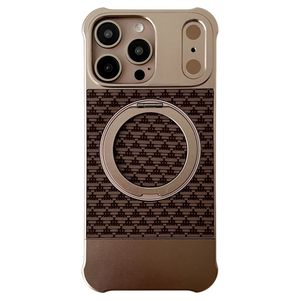 For iPhone 16 Pro Max Magnetic Case Kickstand Lens Upgrade Design Metal Carbon Fiber Phone Cover - Gold - 1