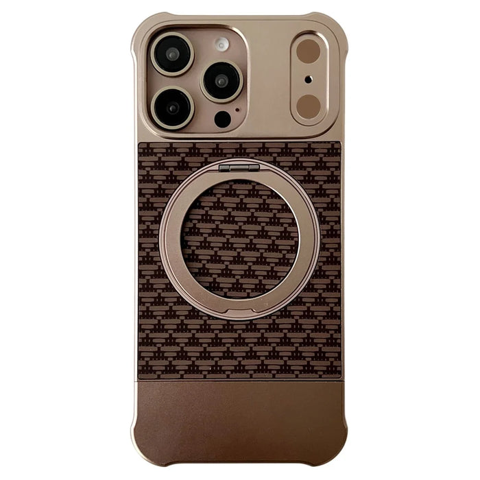 For iPhone 16 Pro Max Magnetic Case Kickstand Lens Upgrade Design Metal Carbon Fiber Phone Cover - Gold - 1