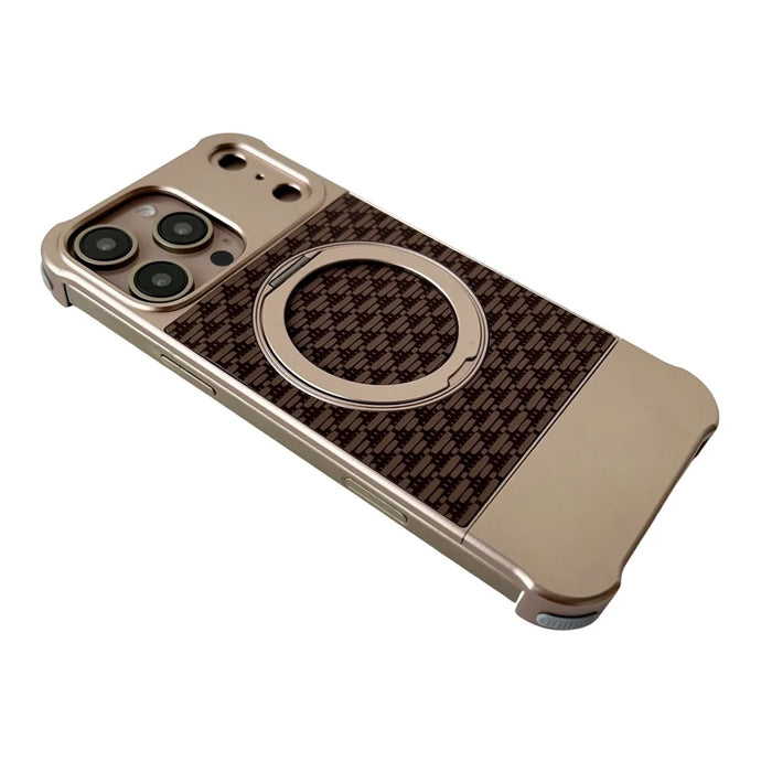 For iPhone 16 Pro Max Magnetic Case Kickstand Lens Upgrade Design Metal Carbon Fiber Phone Cover - Gold - 4
