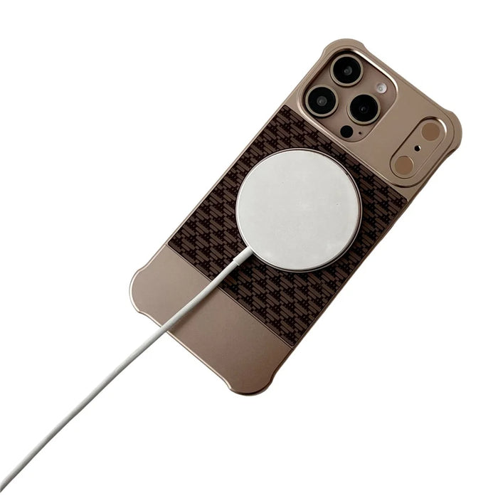 For iPhone 16 Pro Max Magnetic Case Kickstand Lens Upgrade Design Metal Carbon Fiber Phone Cover - Gold - 6