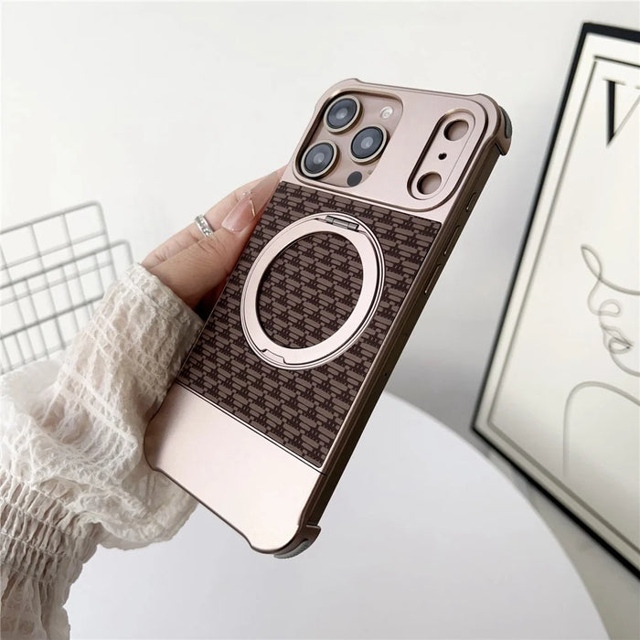 For iPhone 16 Pro Max Magnetic Case Kickstand Lens Upgrade Design Metal Carbon Fiber Phone Cover - Gold - 7