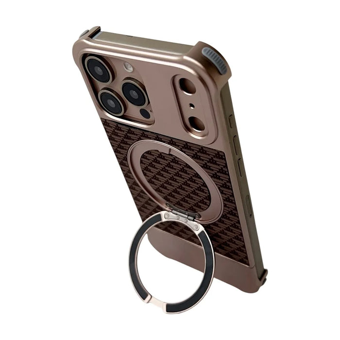 For iPhone 15 Pro Max Magnetic Case Kickstand Lens Upgrade Design Metal Carbon Fiber Phone Cover - Gold - 2