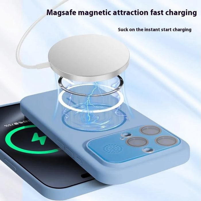 For iPhone 16 Pro Max Magnetic Case AI Button Liquid Silicone Phone Back Cover with Lens Film - Baby Blue - 4