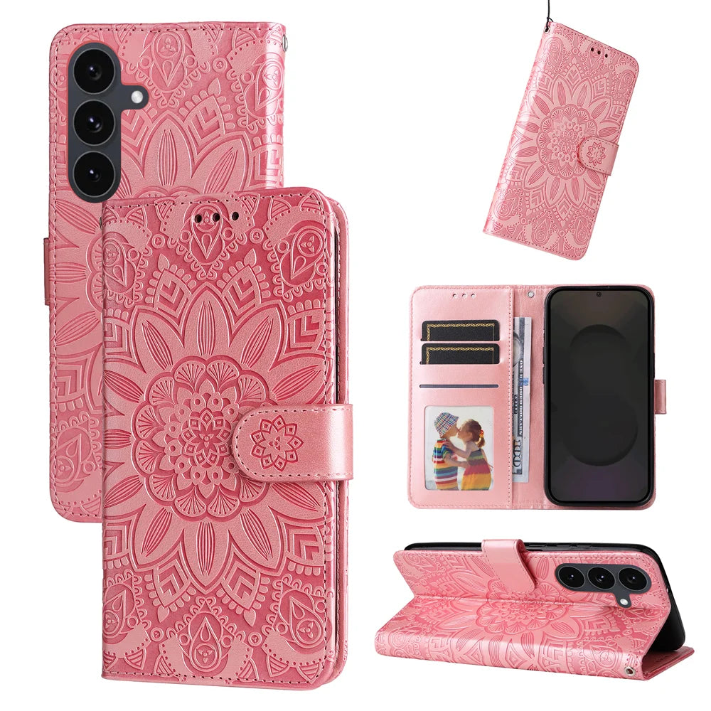 For Samsung Galaxy S25 FE Case Sunflower Imprint Leather Wallet Phone Cover - Pink - 3