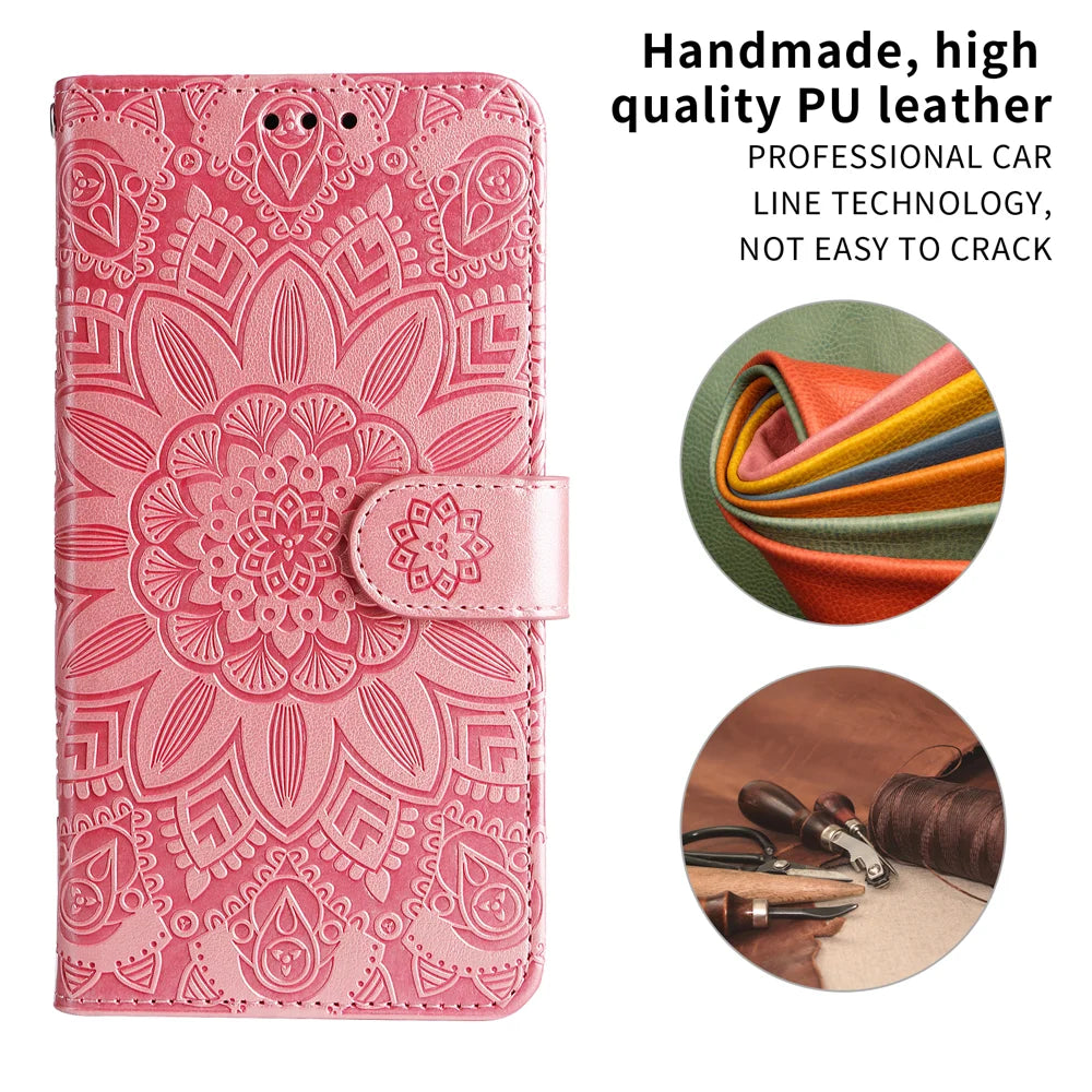For Samsung Galaxy S25 FE Case Sunflower Imprint Leather Wallet Phone Cover - Pink - 4