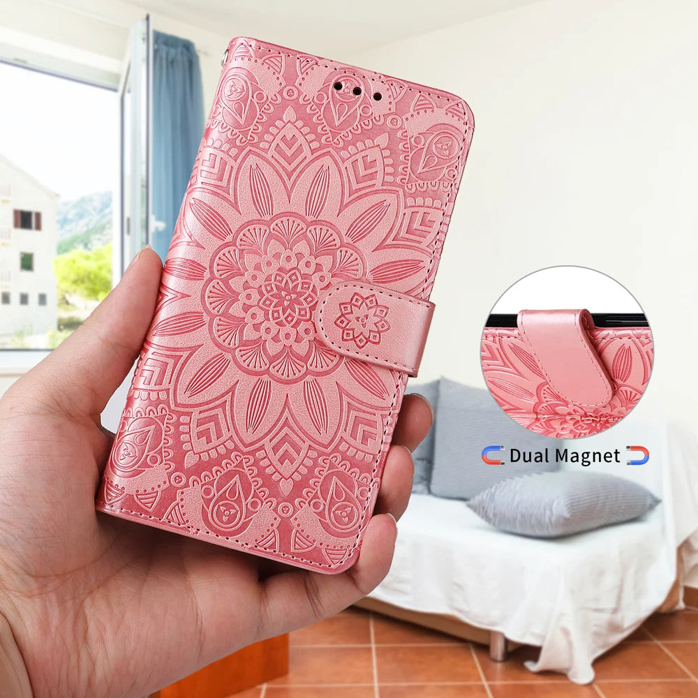 For Samsung Galaxy S25 FE Case Sunflower Imprint Leather Wallet Phone Cover - Pink - 5