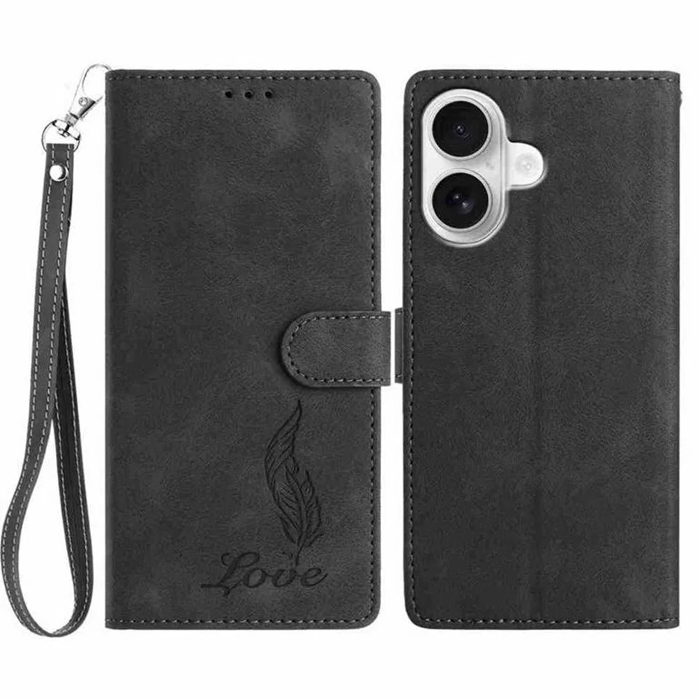 For iPhone 17 Case Imprinted Feather PU Leather Wallet Phone Cover with Wrist Strap - Black - 1