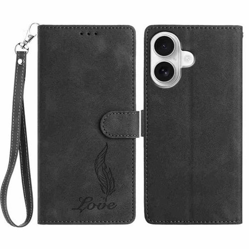 For iPhone 17 Case Imprinted Feather PU Leather Wallet Phone Cover with Wrist Strap - Black - 1