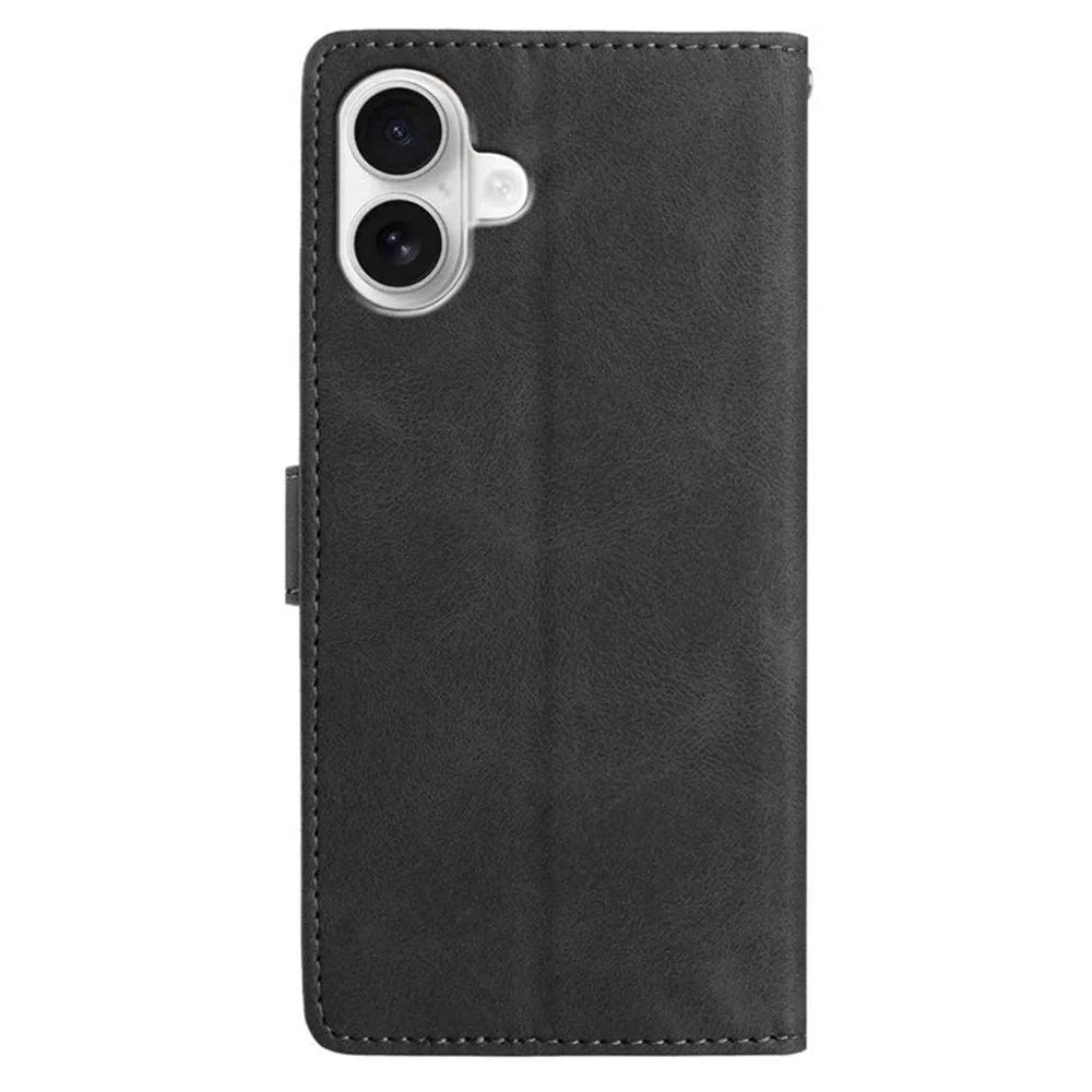 For iPhone 17 Case Imprinted Feather PU Leather Wallet Phone Cover with Wrist Strap - Black - 6