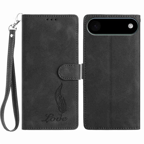 For iPhone Air Case Imprinted Feather PU Leather Wallet Phone Cover with Wrist Strap - Black - 1