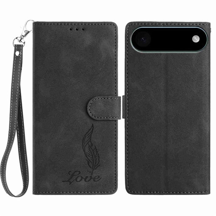 For iPhone Air Case Imprinted Feather PU Leather Wallet Phone Cover with Wrist Strap - Black - 1