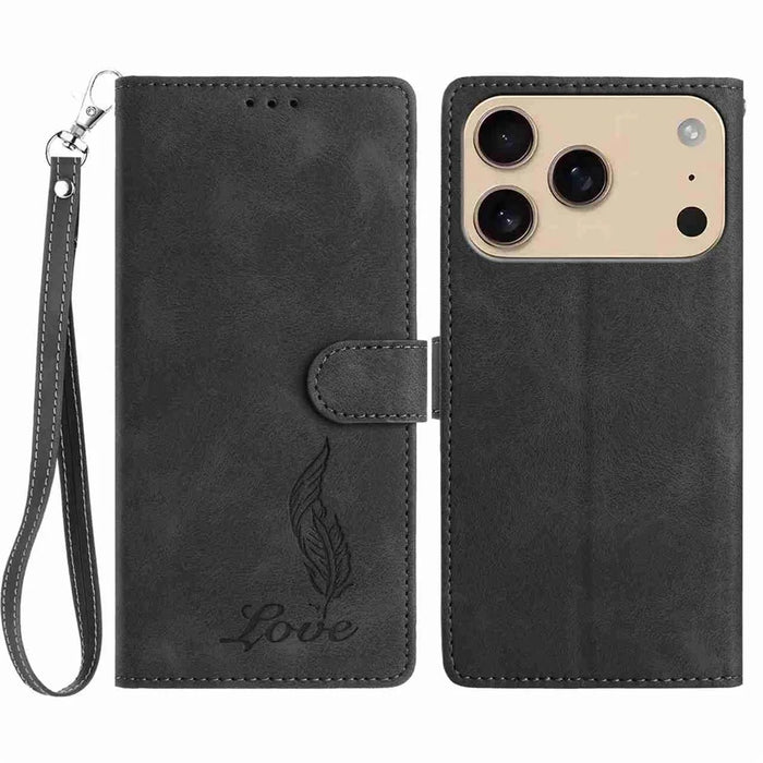 For iPhone 18 Pro Max / 17 Pro Max Case Imprinted Feather PU Leather Wallet Phone Cover with Wrist Strap - Black - 1