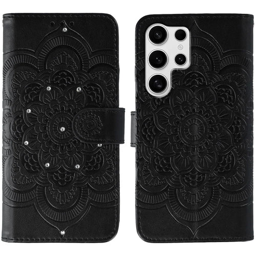 For Samsung Galaxy S25 Ultra Case Rhinestone Decor PU Leather Mandala Imprinted Design Phone Cover with Wrist Strap - Black - 1
