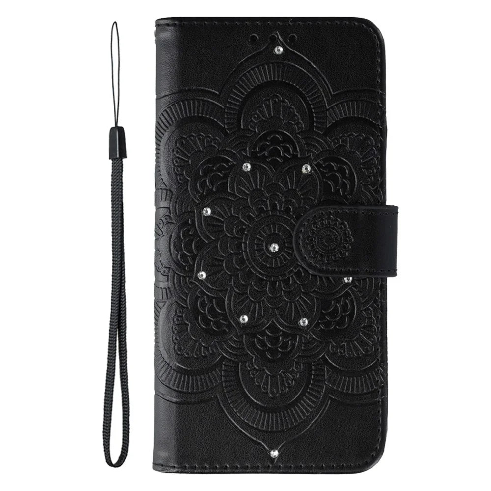 For Samsung Galaxy S25 Ultra Case Rhinestone Decor PU Leather Mandala Imprinted Design Phone Cover with Wrist Strap - Black - 4