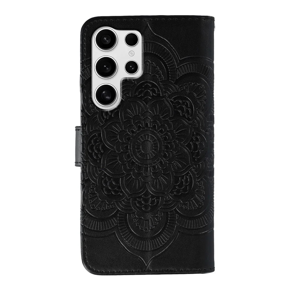 For Samsung Galaxy S25 Ultra Case Rhinestone Decor PU Leather Mandala Imprinted Design Phone Cover with Wrist Strap - Black - 5