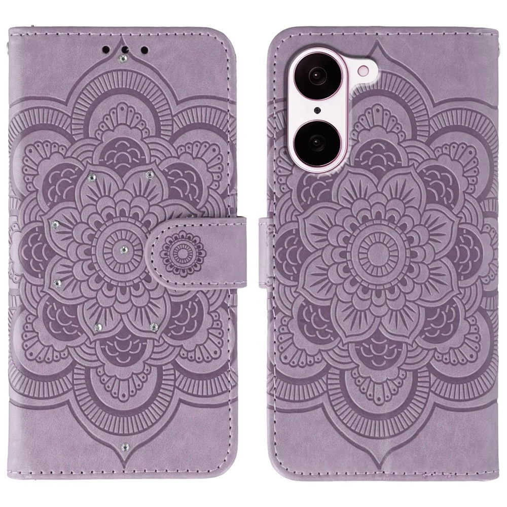 For OnePlus Nord CE5 5G / Ace 5 Racing 5G Case Rhinestone Decor PU Leather Mandala Imprinted Design Phone Cover with Wrist Strap - Purple - 1