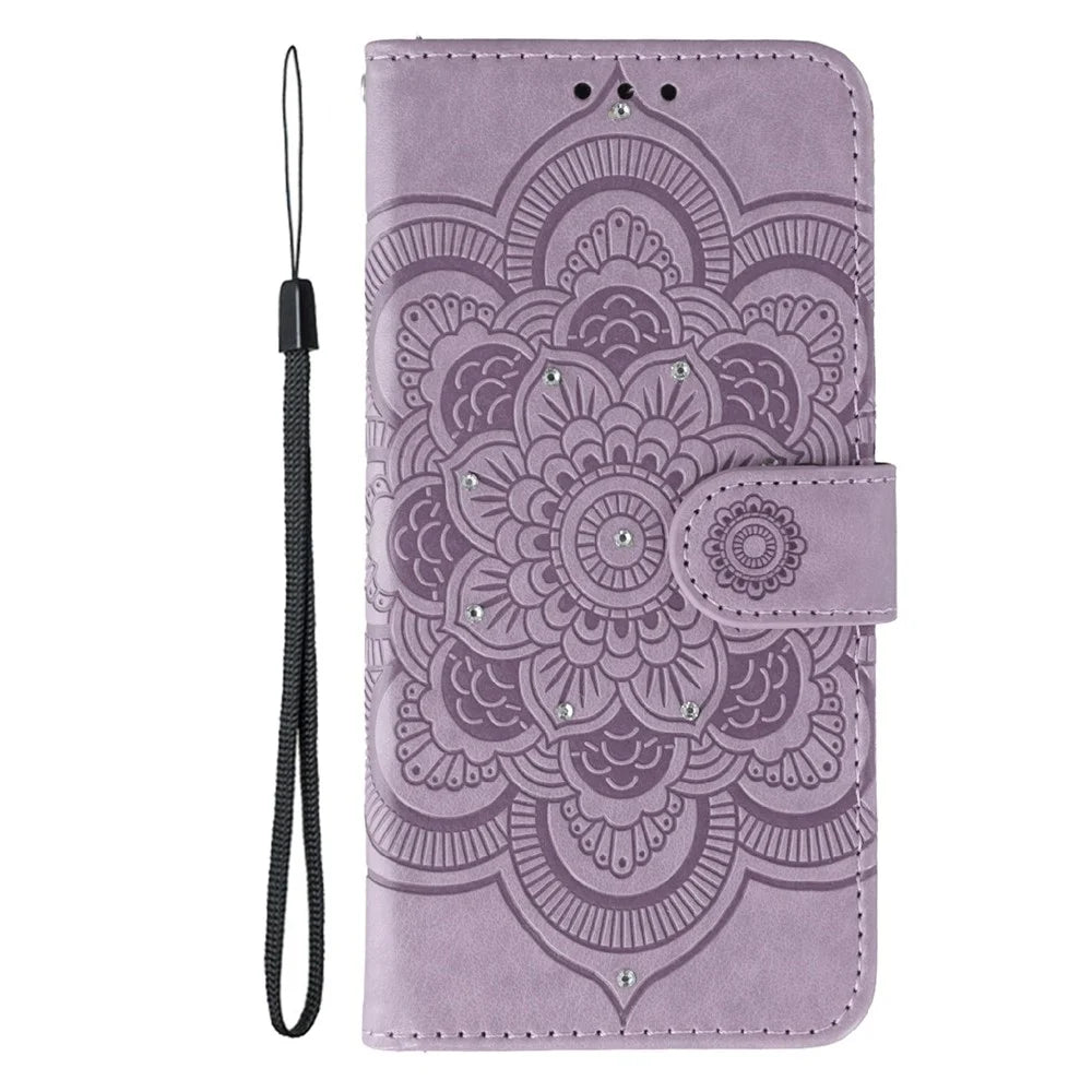 For OnePlus Nord CE5 5G / Ace 5 Racing 5G Case Rhinestone Decor PU Leather Mandala Imprinted Design Phone Cover with Wrist Strap - Purple - 4