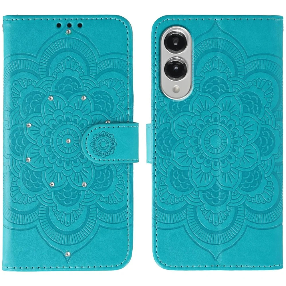 For Samsung Galaxy S25 Edge Case Rhinestone Decor PU Leather Mandala Imprinted Design Phone Cover with Wrist Strap - Blue - 1