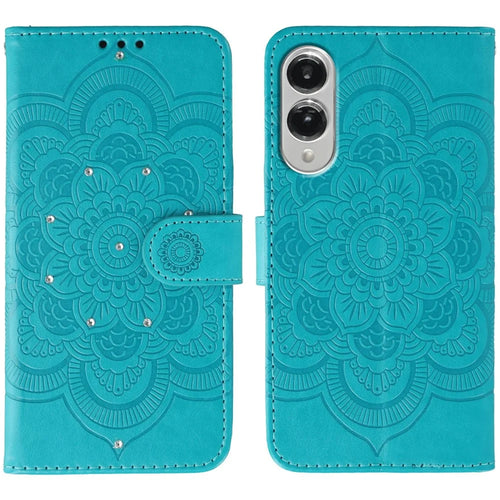 For Samsung Galaxy S25 Edge Case Rhinestone Decor PU Leather Mandala Imprinted Design Phone Cover with Wrist Strap - Blue - 1