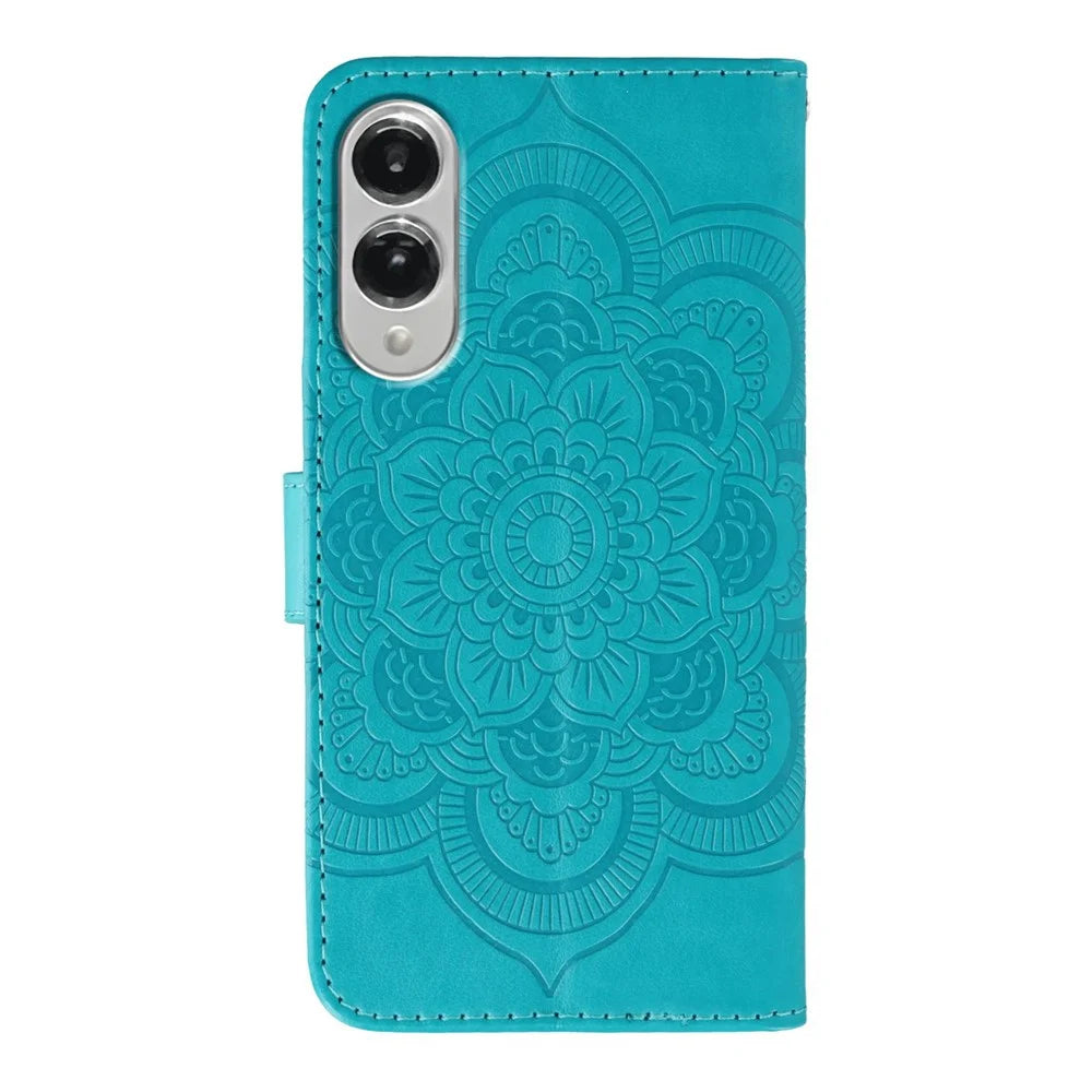For Samsung Galaxy S25 Edge Case Rhinestone Decor PU Leather Mandala Imprinted Design Phone Cover with Wrist Strap - Blue - 5