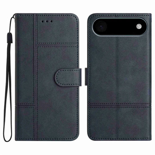 For iPhone Air Wallet Case Line Imprinted Cowhide Texture PU Leather Phone Cover - Blue - 1