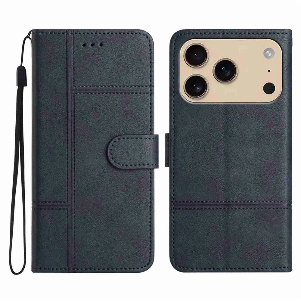 For iPhone 18 Pro Max / 17 Pro Max Wallet Case Line Imprinted Cowhide Texture PU Leather Phone Cover - Blue - 1