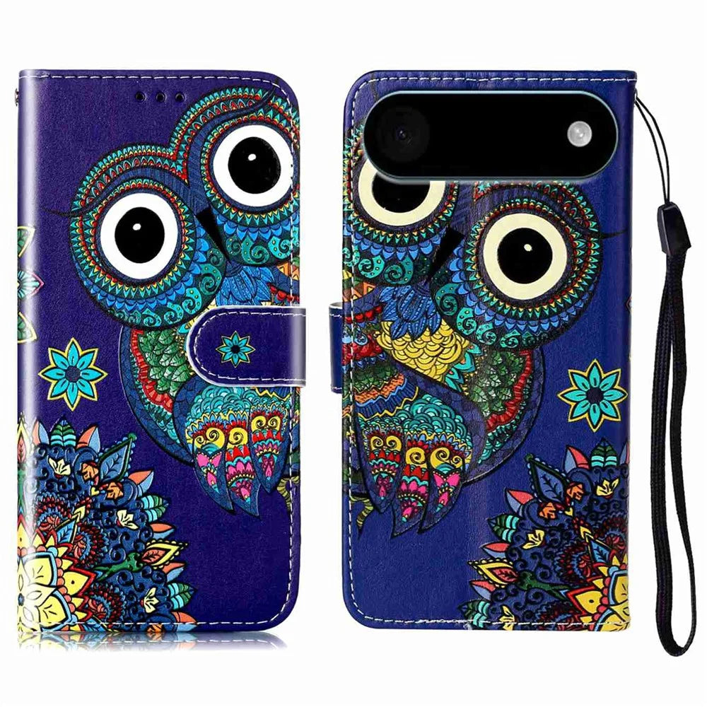 For iPhone Air Case Pattern Leather Wallet Phone Cover with Strap - Blue Owl - 1