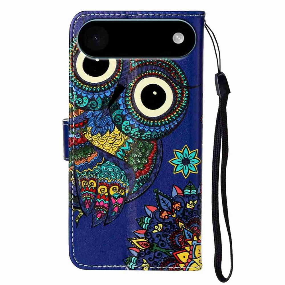 For iPhone Air Case Pattern Leather Wallet Phone Cover with Strap - Blue Owl - 6