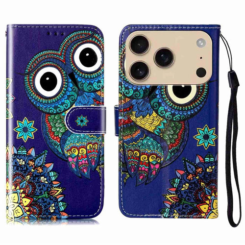 For iPhone 18 Pro / 17 Pro Case Pattern Leather Wallet Phone Cover with Strap - Blue Owl - 1