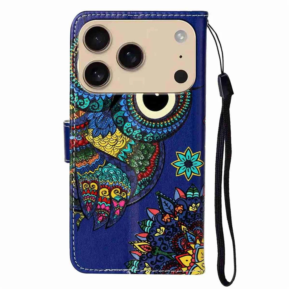 For iPhone 18 Pro / 17 Pro Case Pattern Leather Wallet Phone Cover with Strap - Blue Owl - 6