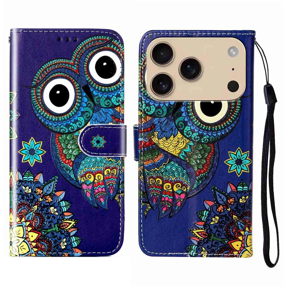 For iPhone 18 Pro Max / 17 Pro Max Case Pattern Leather Wallet Phone Cover with Strap - Blue Owl - 1