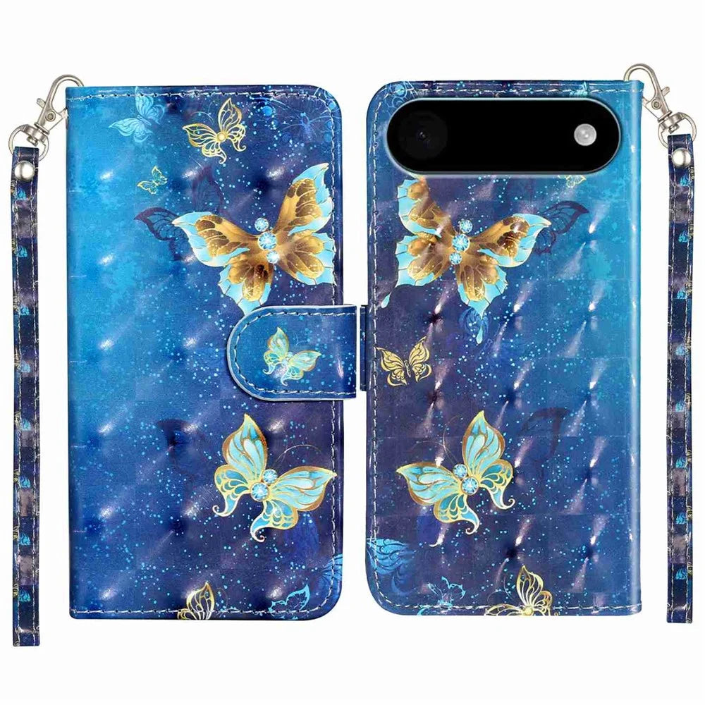 For iPhone Air Wallet Case 3D Pattern Printed Leather Phone Cover with Strap - Blue Gold Butterflies - 1