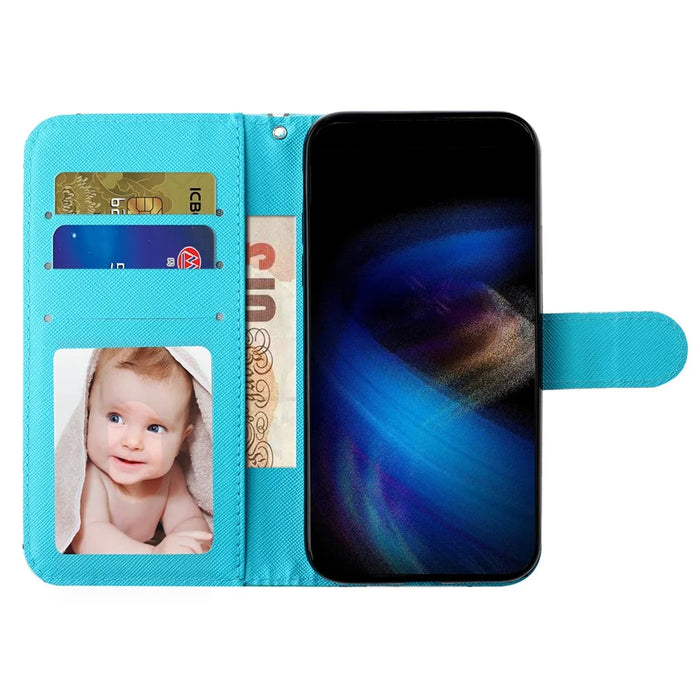 For iPhone Air Wallet Case 3D Pattern Printed Leather Phone Cover with Strap - Blue Gold Butterflies - 2