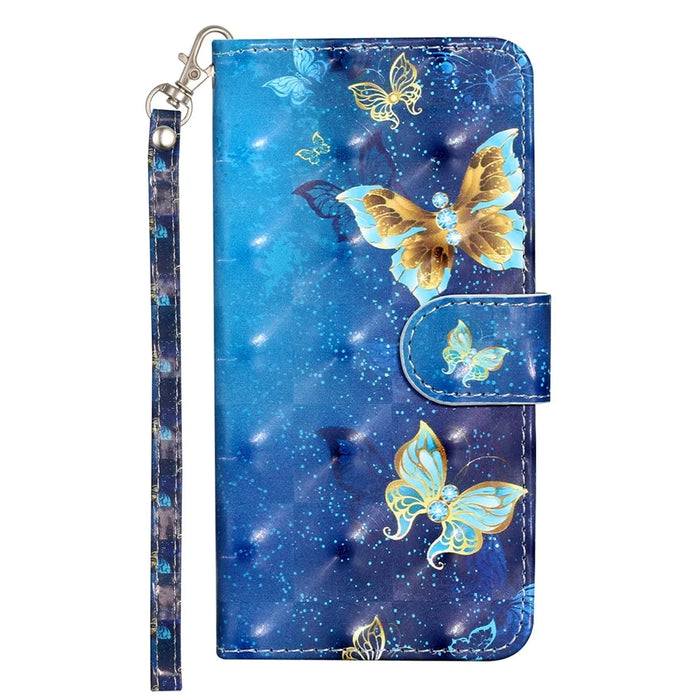 For iPhone Air Wallet Case 3D Pattern Printed Leather Phone Cover with Strap - Blue Gold Butterflies - 5