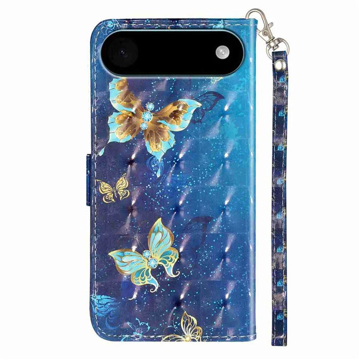 For iPhone Air Wallet Case 3D Pattern Printed Leather Phone Cover with Strap - Blue Gold Butterflies - 6