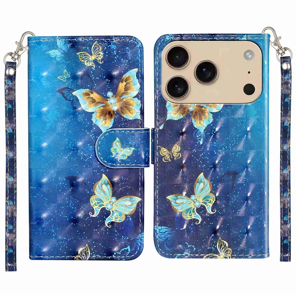 For iPhone 18 Pro / 17 Pro Wallet Case 3D Pattern Printed Leather Phone Cover with Strap - Blue Gold Butterflies - 1