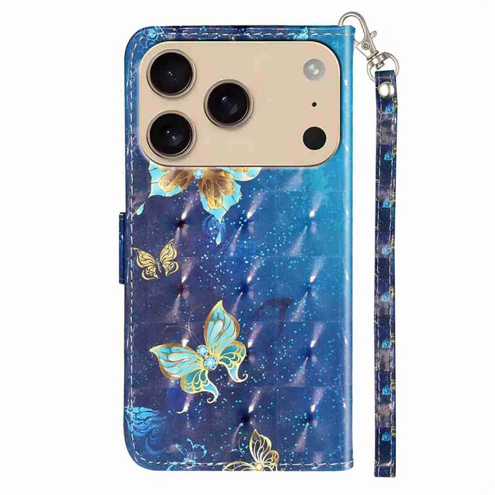 For iPhone 18 Pro / 17 Pro Wallet Case 3D Pattern Printed Leather Phone Cover with Strap - Blue Gold Butterflies - 6