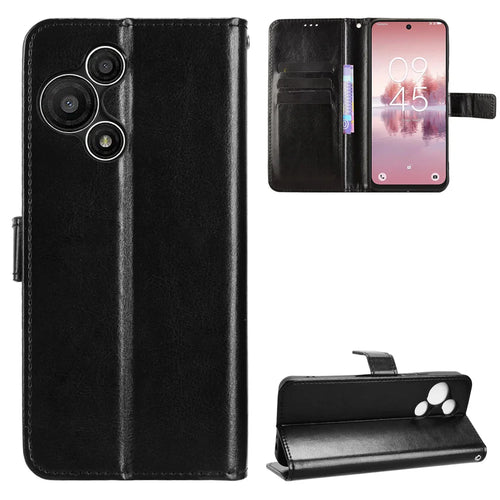 For TCL 60 SE NxtPaper 5G PU Leather Case with Strap Crazy Horse Texture Phone Wallet Cover - Black - 1