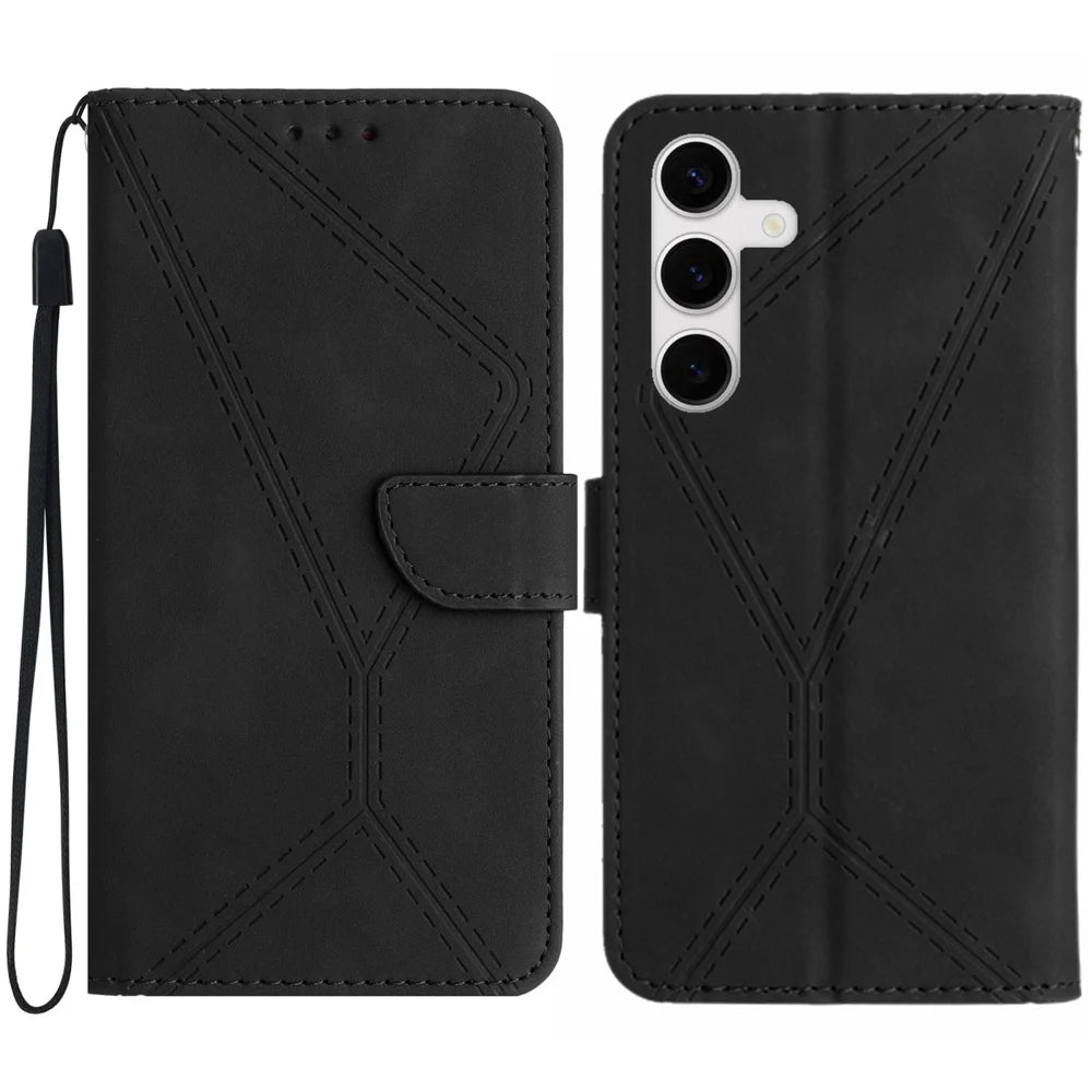 For Samsung Galaxy S25 FE Case Skin Touch Lines Imprinted PU Leather Flip Phone Cover - Black - 1