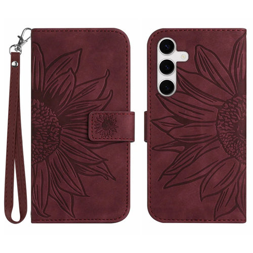 For Samsung Galaxy S25 FE Case Sunflower Imprint Leather Wallet Phone Cover with Wrist Strap - Wine Red - 1
