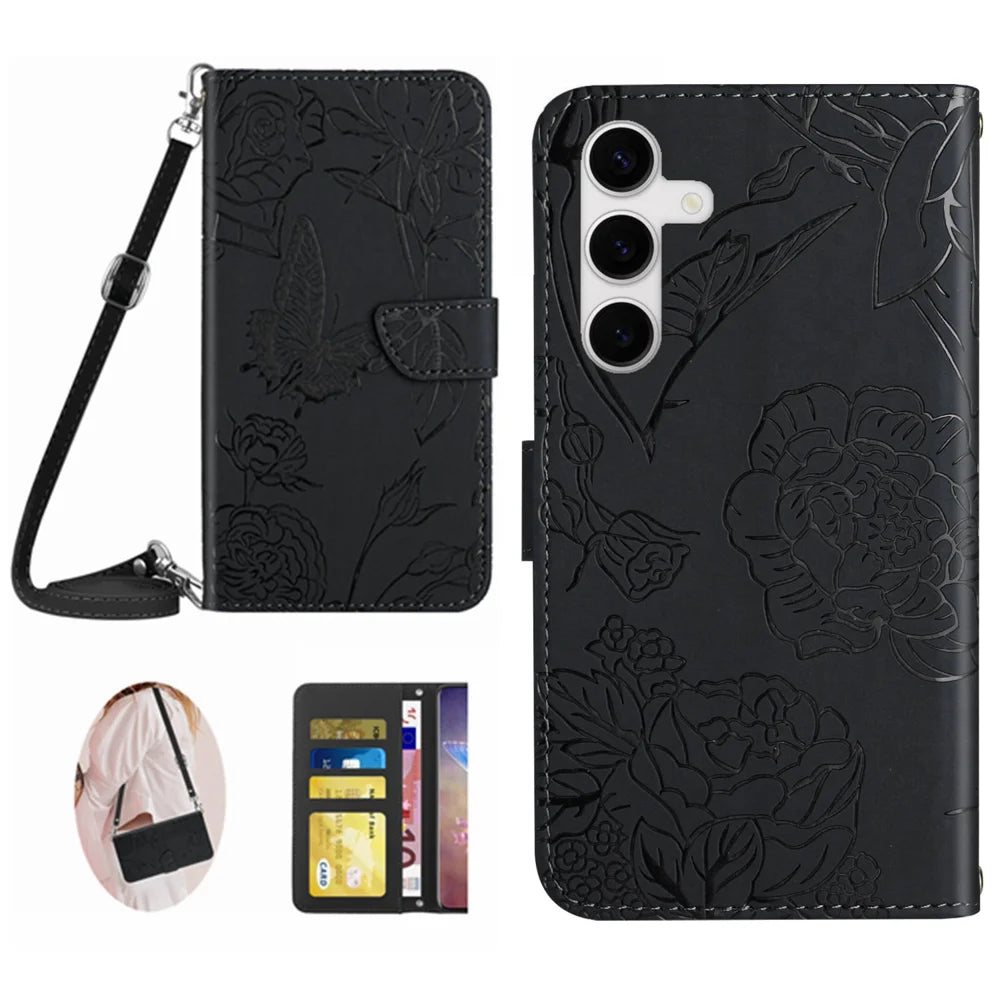 For Samsung Galaxy S25 FE Case Butterfly Flower Imprint Leather Phone Cover with Shoulder Strap - Black - 1