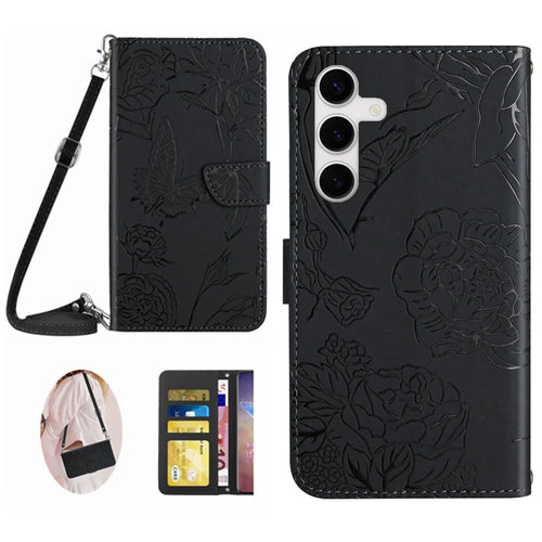 For Samsung Galaxy S25 FE Case Butterfly Flower Imprint Leather Phone Cover with Shoulder Strap - Black - 1