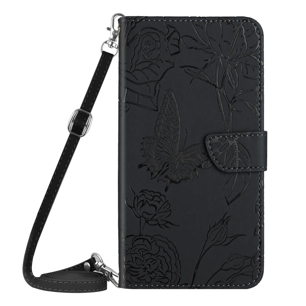 For Samsung Galaxy S25 FE Case Butterfly Flower Imprint Leather Phone Cover with Shoulder Strap - Black - 3